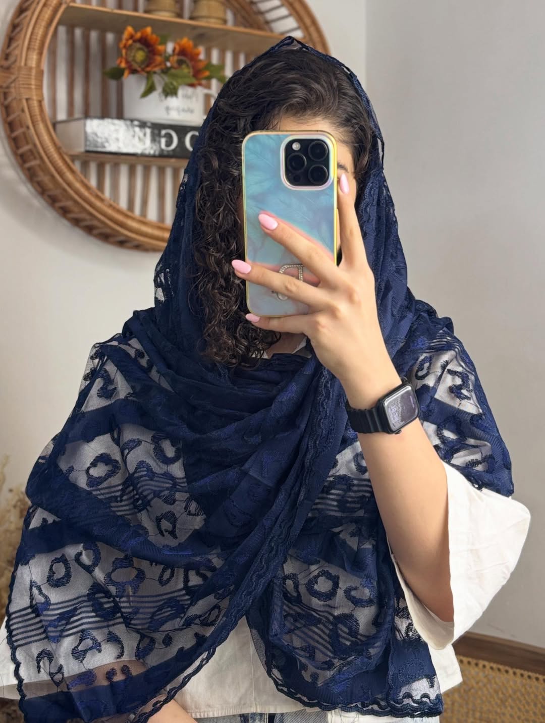 شال زنانه مزونی دانتل سرمه ای